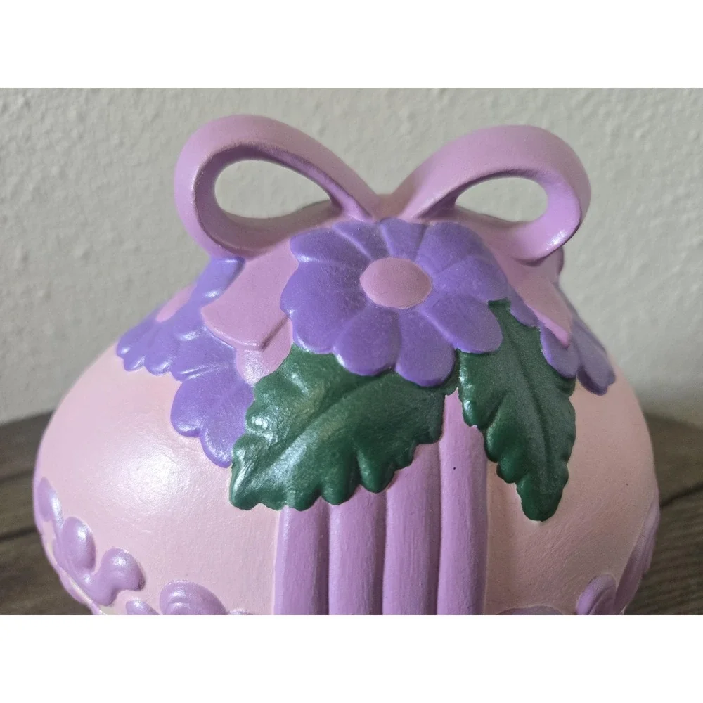Vintage Ceramic Easter Egg Covered Candy Dish Flowers Purple Bow Scroll Ornate
